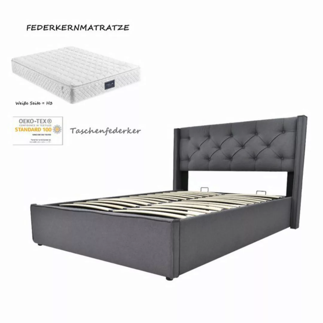 IDEASY Polsterbett 160x200cm Grau, Hydraulisch Doppelbett Mit Matratze (Met günstig online kaufen