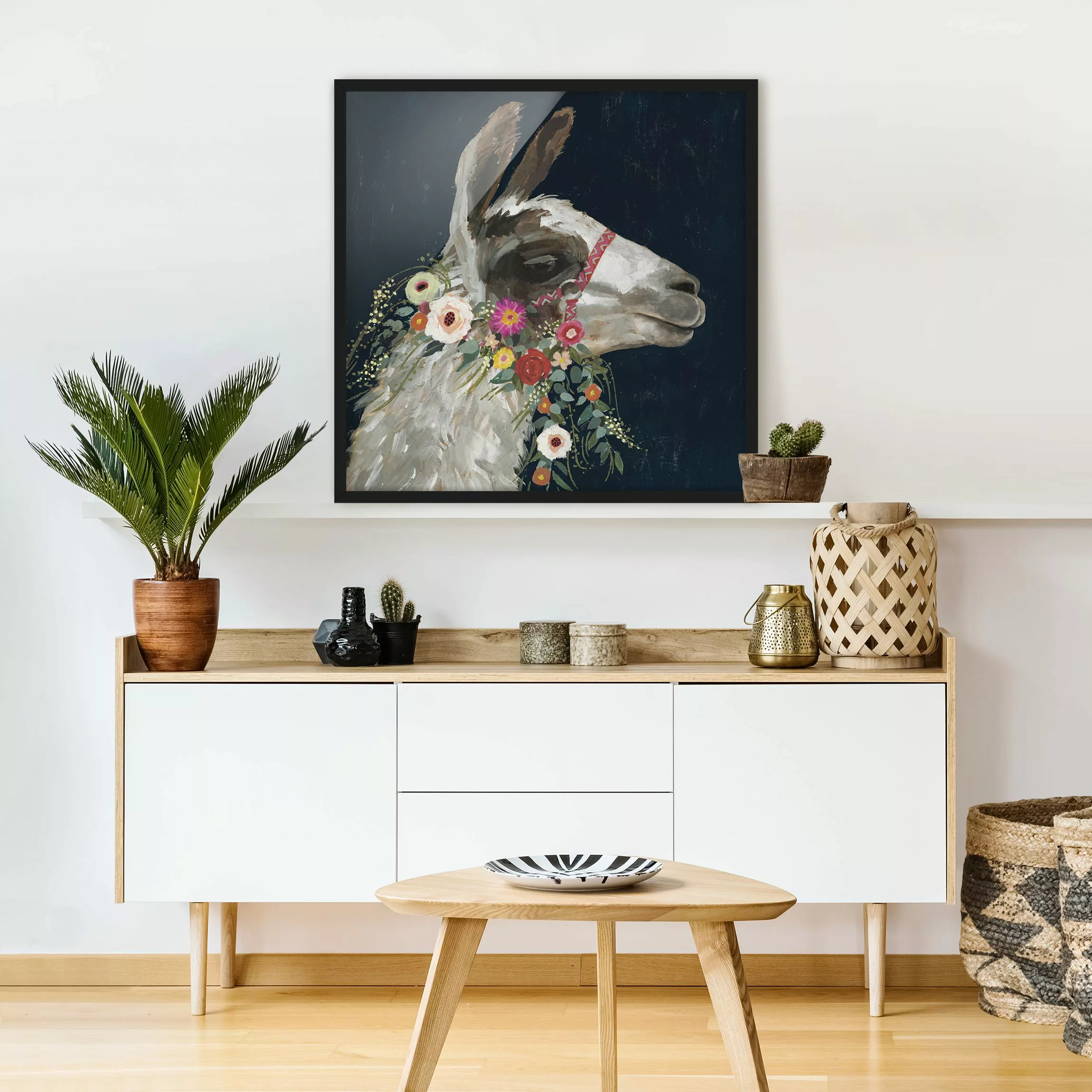 Bild mit Rahmen Tiere - Quadrat Lama mit Blumenschmuck I günstig online kaufen