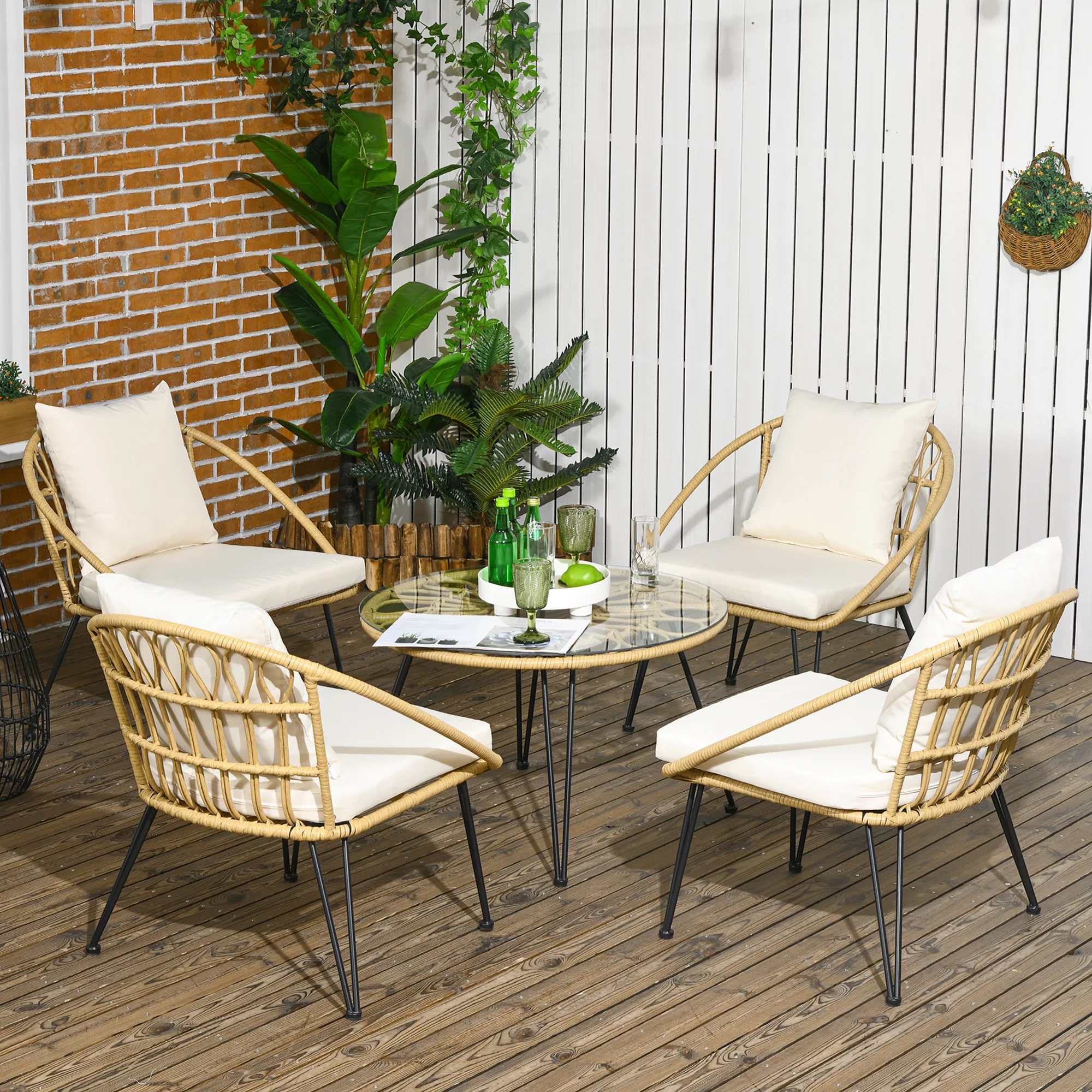 Outsunny 5 tlg Rattan Gartenmöbel Set Sitzgarnitur mit Esstisch und 4 Stühl günstig online kaufen