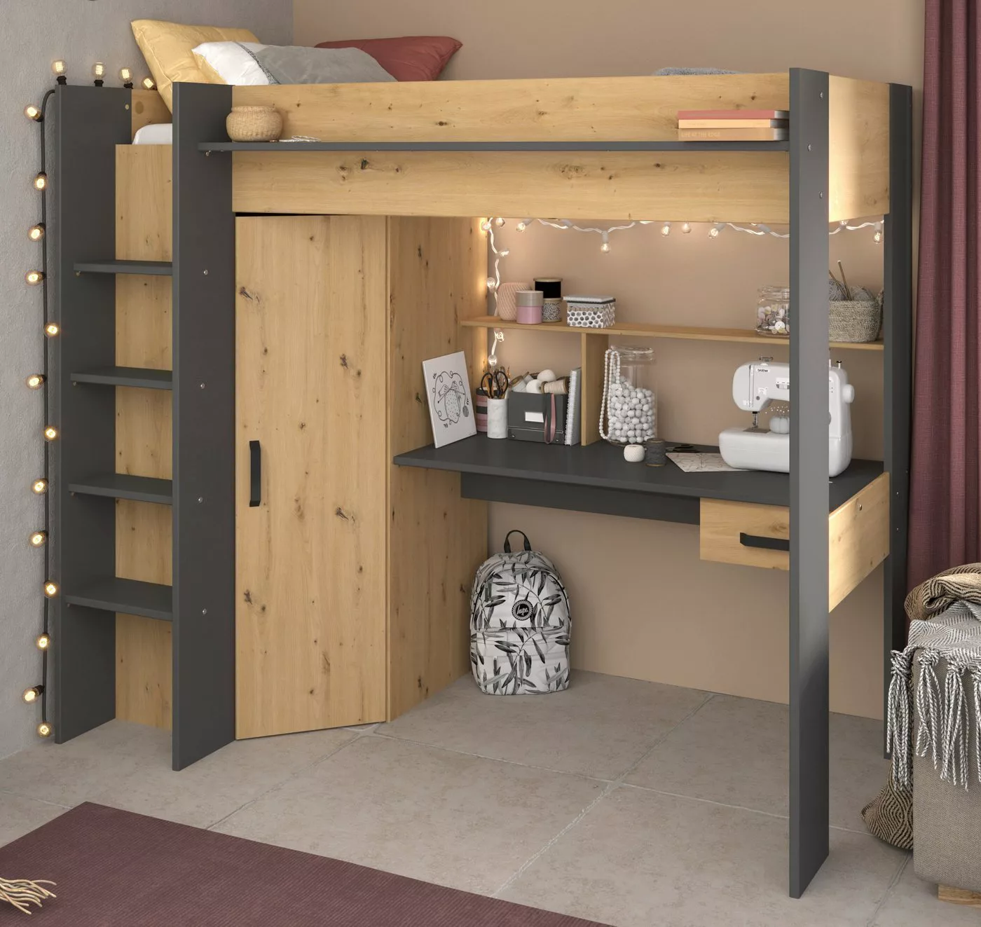 Hochbett mit Schreibtisch + Kleiderschrank - 90 x 200 cm - Naturfarben & An günstig online kaufen