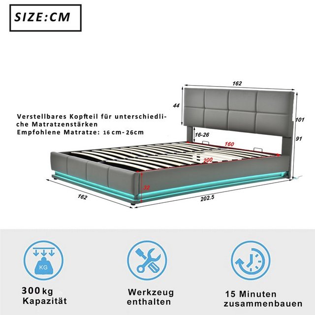 Flieks Polsterbett, LED hydraulisches Doppelbett Kunstleder 160x200cm günstig online kaufen