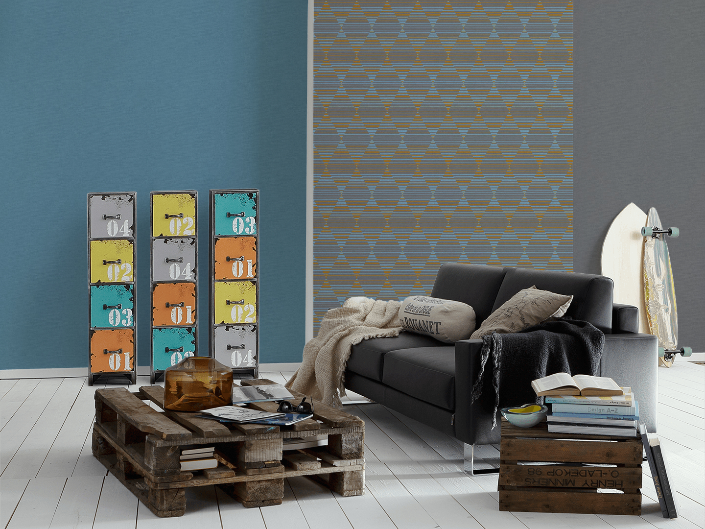 Mustertapete A.S. Création Linen Style in Blau Grau Orange - 367573 günstig online kaufen