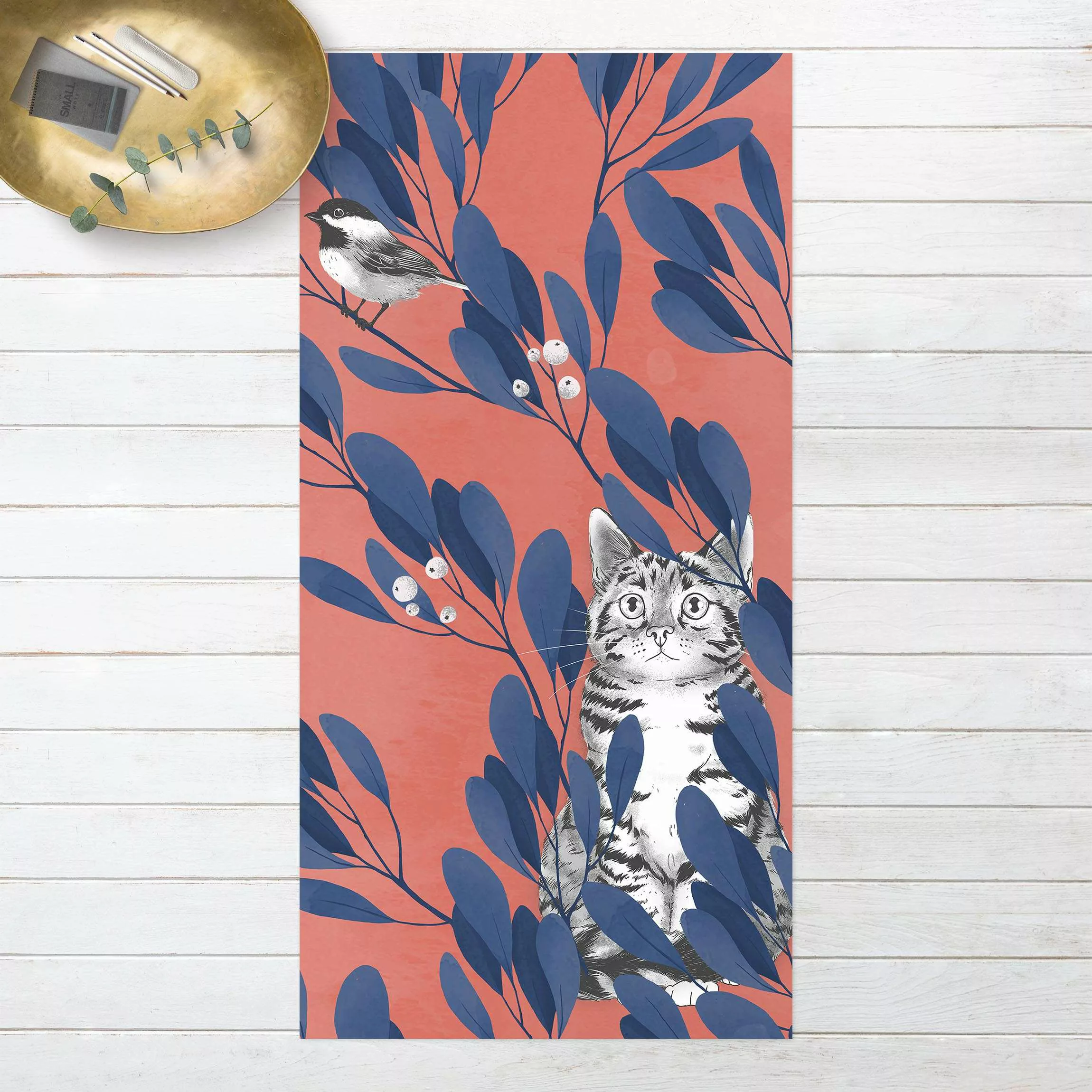 Vinyl-Teppich Illustration Katze und Vogel auf Ast Blau Rot günstig online kaufen