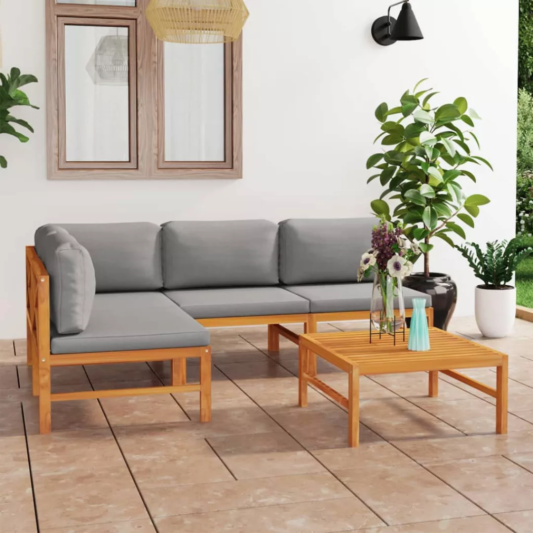 5-tlg. Garten-lounge-set Mit Grauen Kissen Massivholz Teak günstig online kaufen