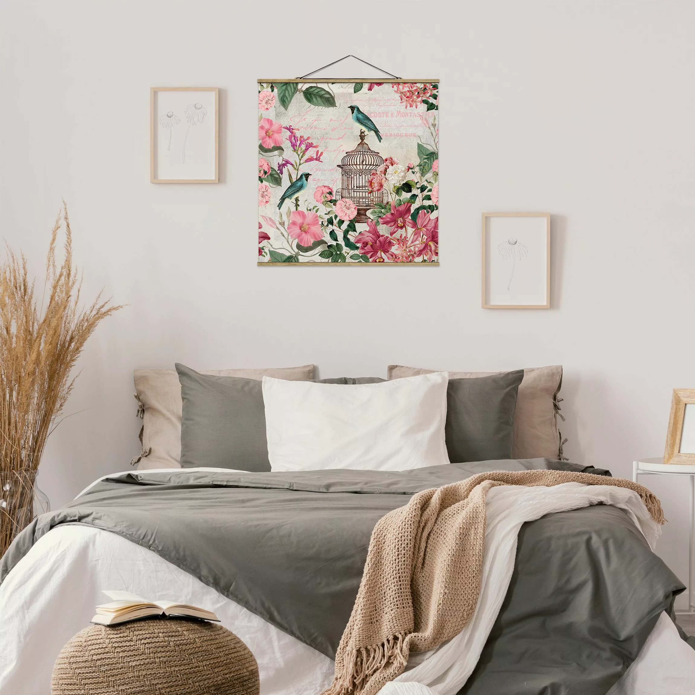 Stoffbild Blumen mit Posterleisten - Quadrat Shabby Chic Collage - Rosa Blü günstig online kaufen