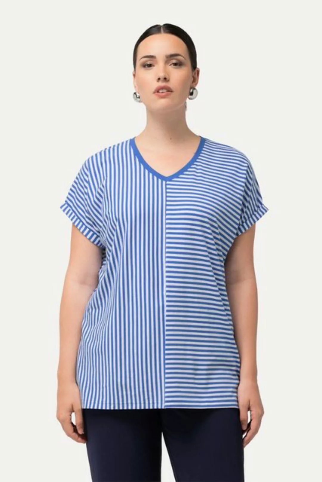 Ulla Popken Rundhalsshirt Shirt Ringelmix Oversized V-Ausschnitt Halbarm günstig online kaufen