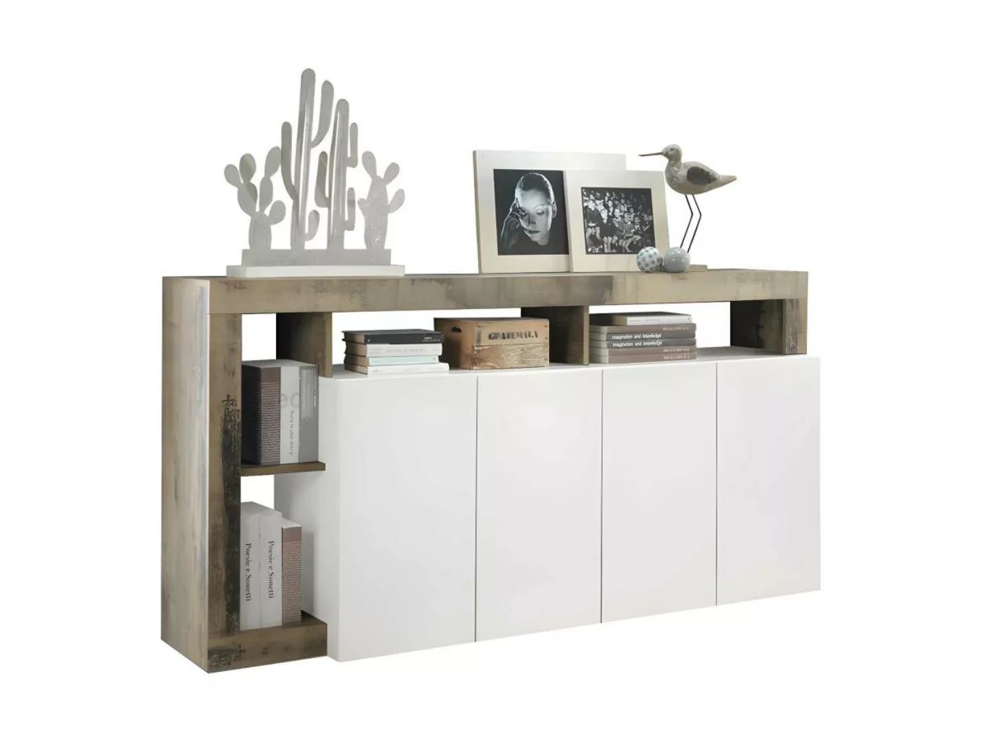 Sideboard mit 4 Türen & 4 Ablagen - Weiß lackiert & Eichefarben - SEFRO günstig online kaufen