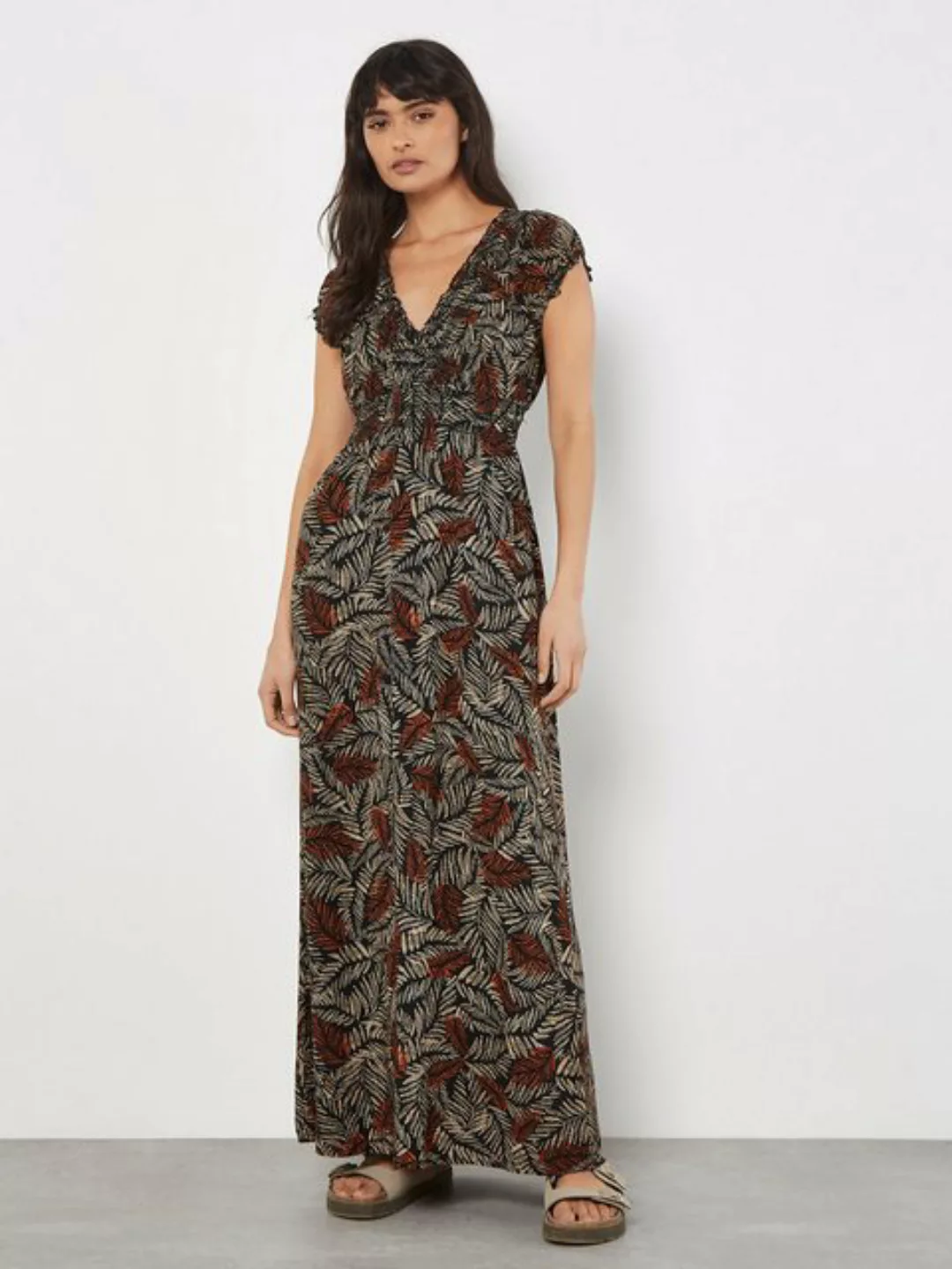 Apricot Maxikleid Rustic Leaves Smock V-Neck Maxi Dress, mit Smokdetails, m günstig online kaufen