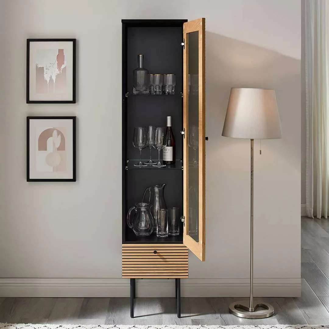 Schrank Vitrine schmal im Skandi Design einer Schublade günstig online kaufen