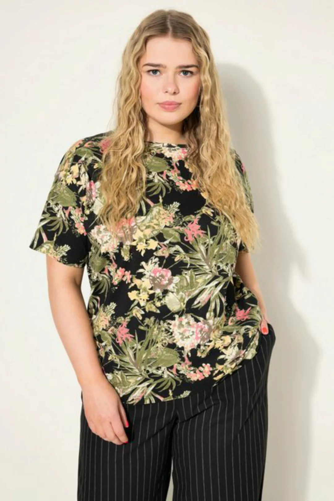 Studio Untold Rundhalsshirt Oversized-Shirt Tropical-Print Rundhals Halbarm günstig online kaufen