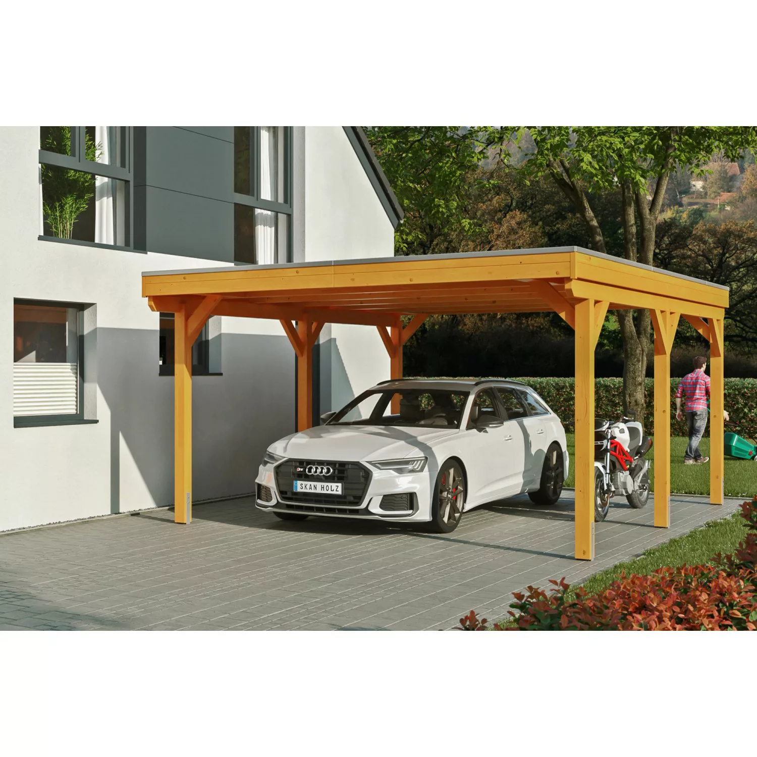 Skan Holz Carport Grunewald 427 cm x 554 cm mit Aluminiumdach Eiche Hell günstig online kaufen