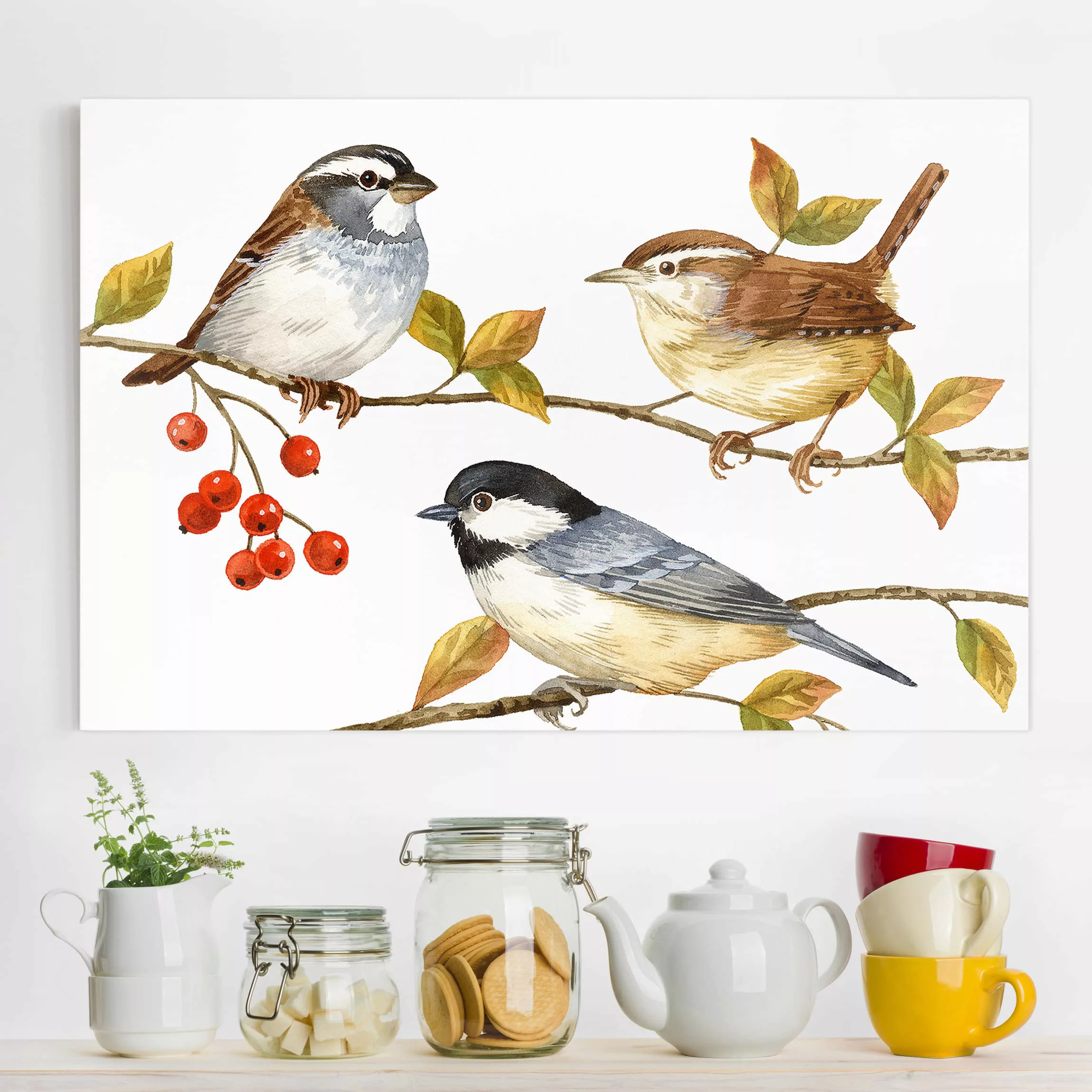 Leinwandbild Tiere - Querformat Vögel und Beeren - Meisen günstig online kaufen