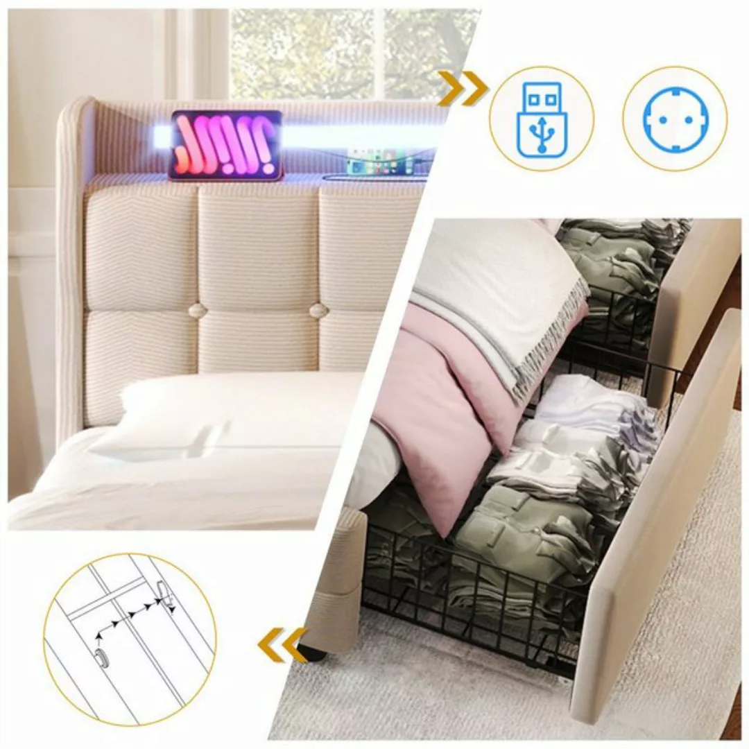 Fangqi Polsterbett Doppelbett mit USB-Ladeanschluss, LED-Beleuchtung, Schub günstig online kaufen
