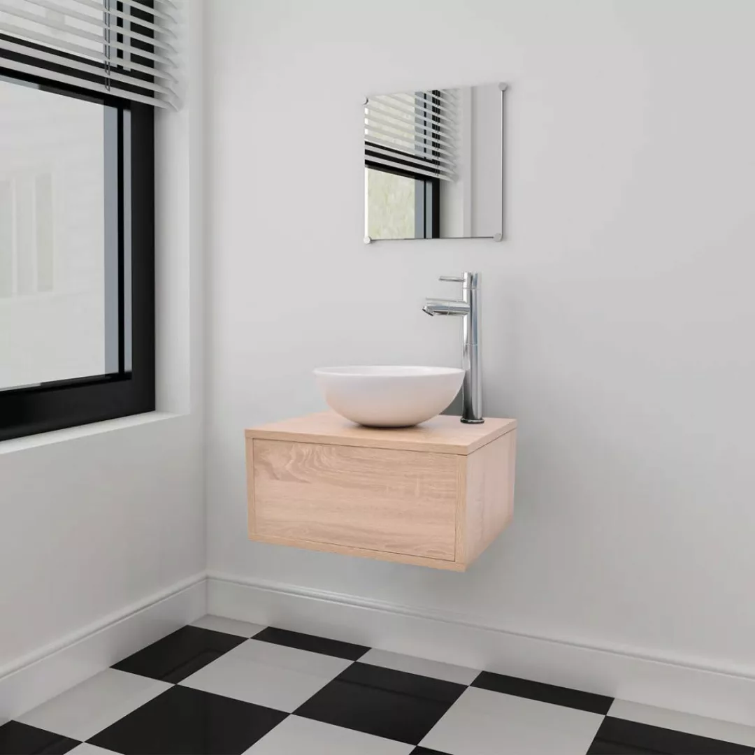 4-tlg. Badmöbel-set Mit Waschbecken Und Wasserhahn Beige günstig online kaufen