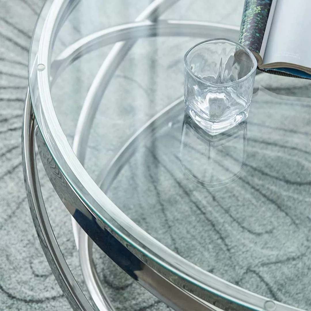 Designcouchtisch silbern aus Sicherheitsglas Metall Ringgestell günstig online kaufen