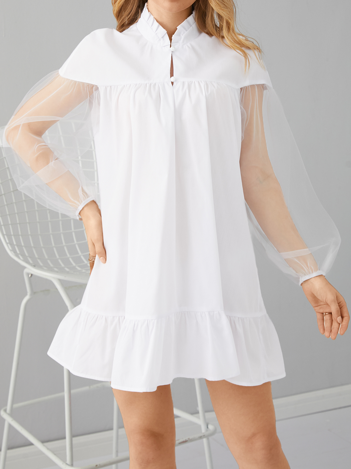 YOINS White Mesh Plissee Design Rüschensaum Mini Kleid günstig online kaufen