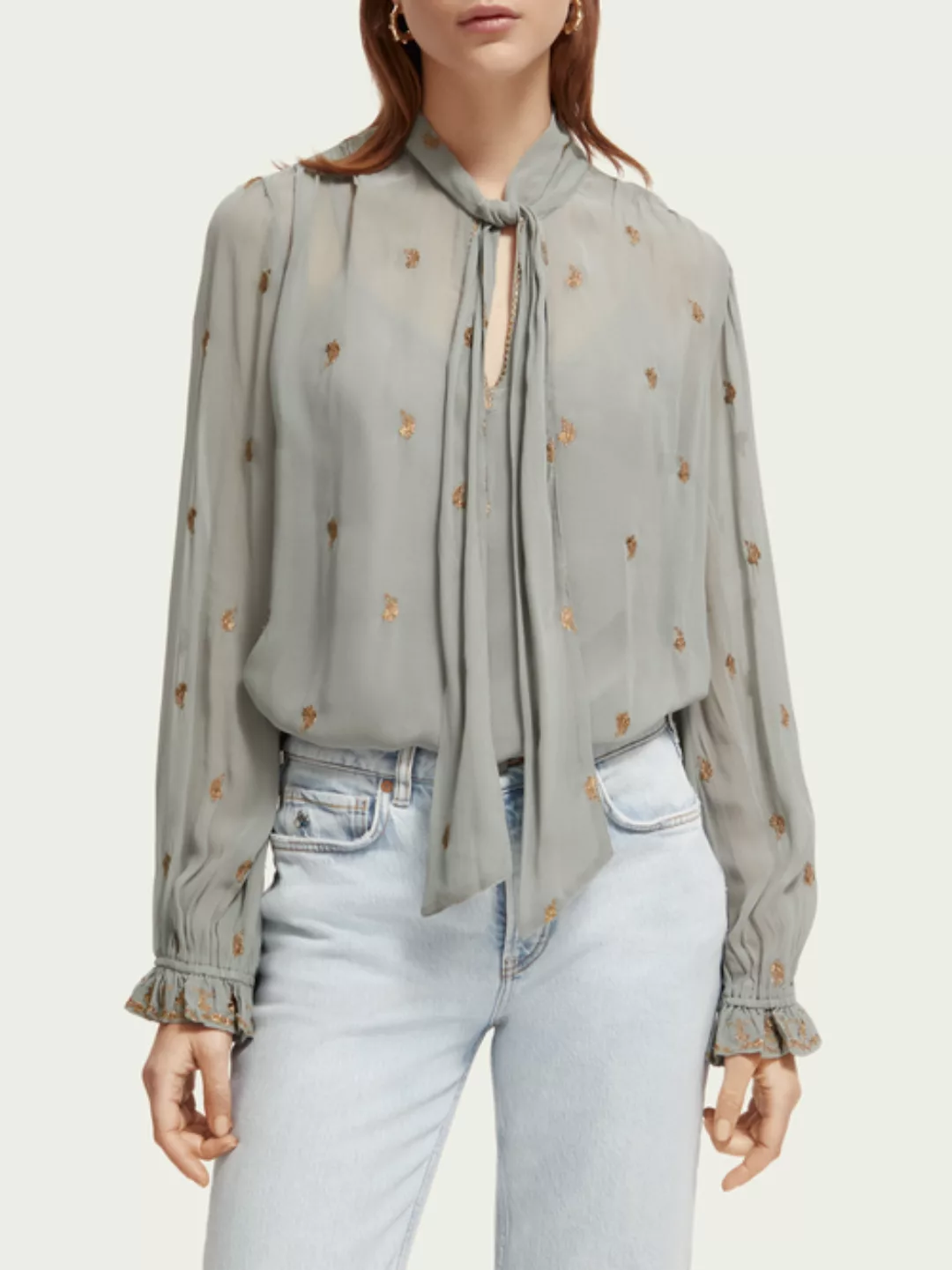 Embroidered neck-tie blouse günstig online kaufen