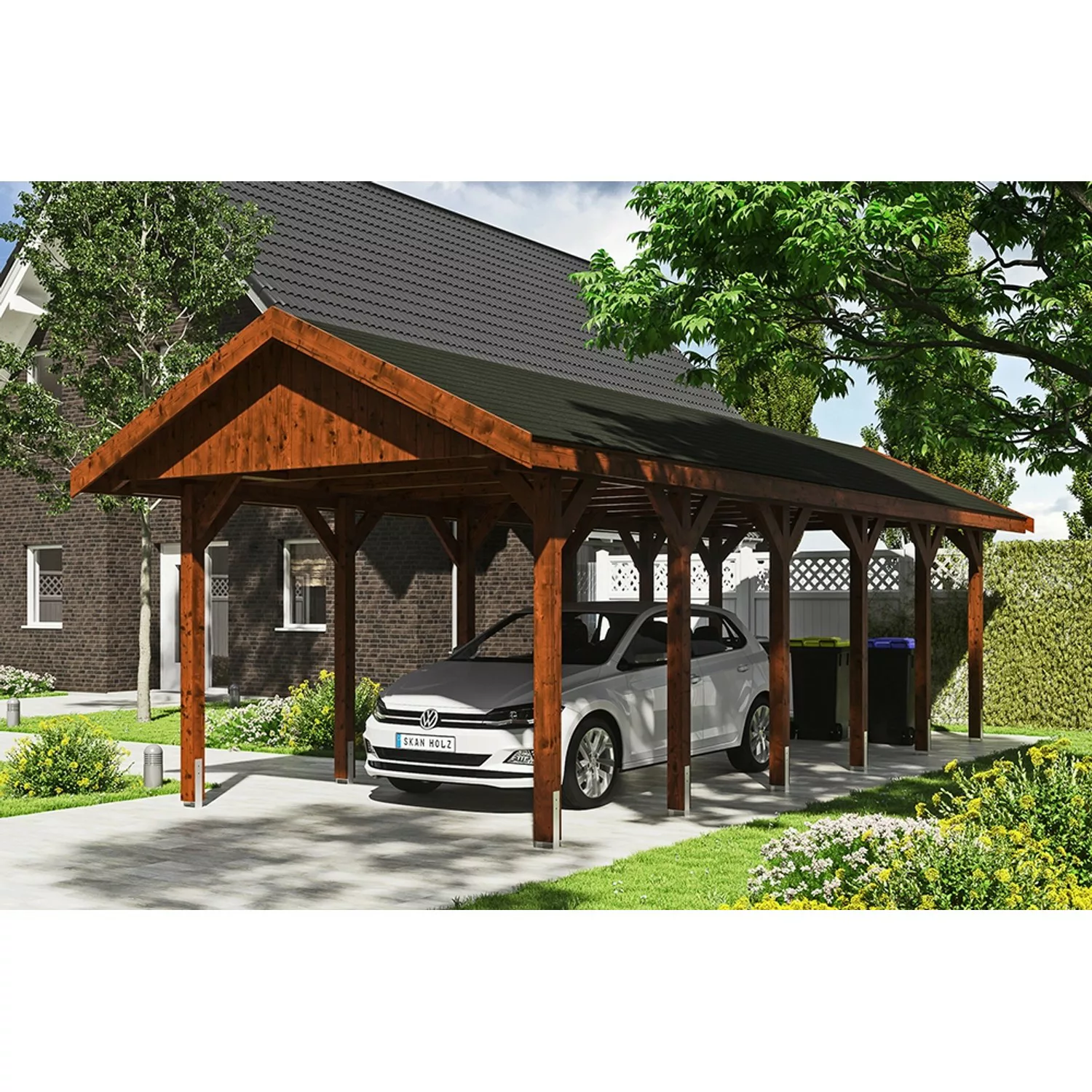 Satteldach-Carport Wallgau Nussbaum 380 x 900 cm schwarze Schindeln günstig online kaufen