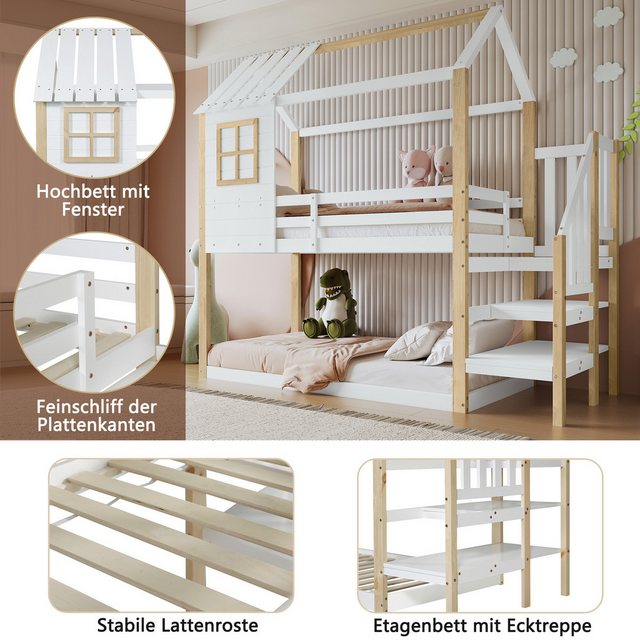 Flieks Etagenbett, Hochbett mit Treppe Hausbett Kinderbett Kiefer 90x200cm günstig online kaufen