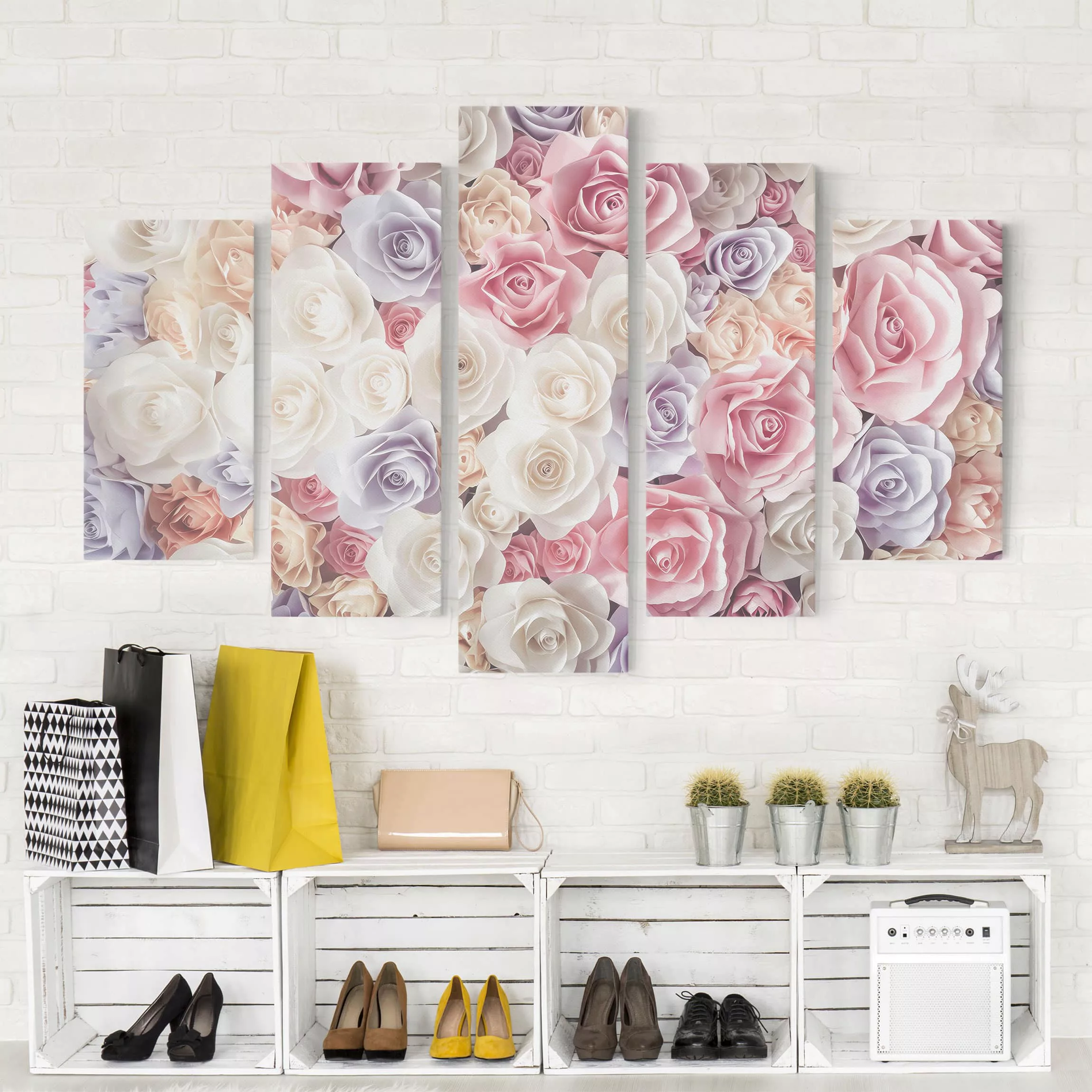 5-teiliges Leinwandbild - Querformat Pastell Paper Art Rosen günstig online kaufen