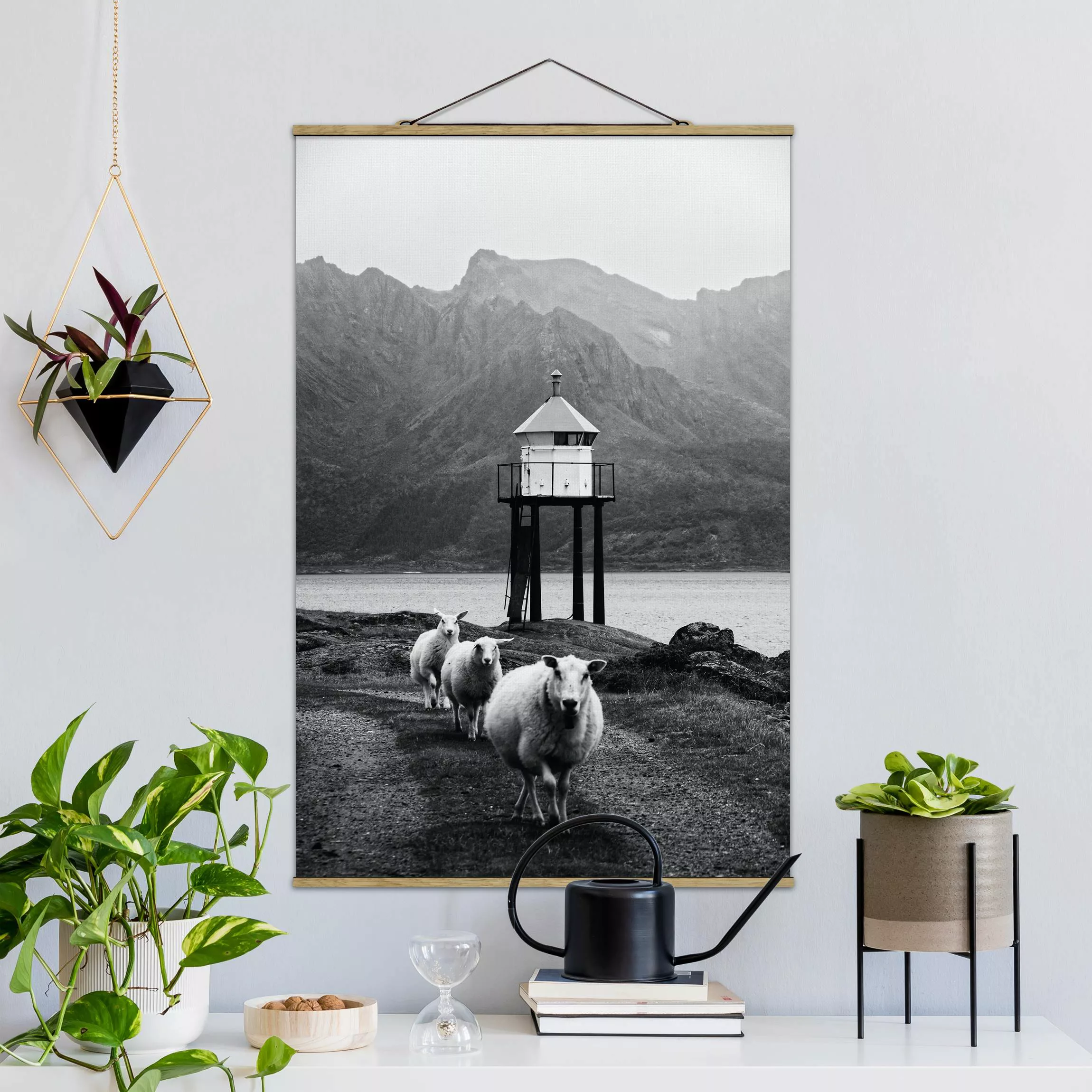 Stoffbild mit Posterleisten Drei Schafe auf den Lofoten günstig online kaufen