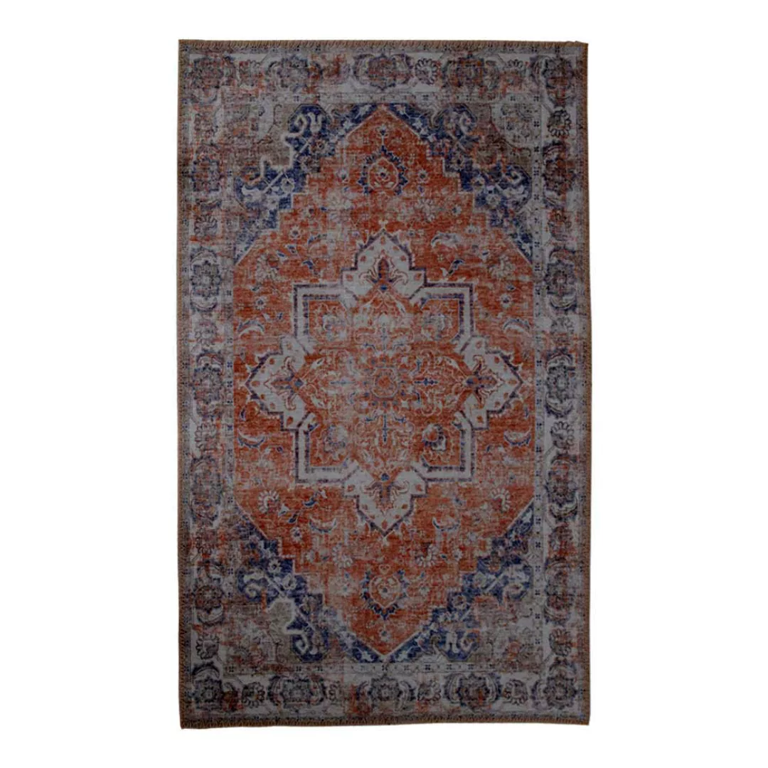 Kurzflor Teppich im Orientalischen Design Orange und Dunkelblau günstig online kaufen