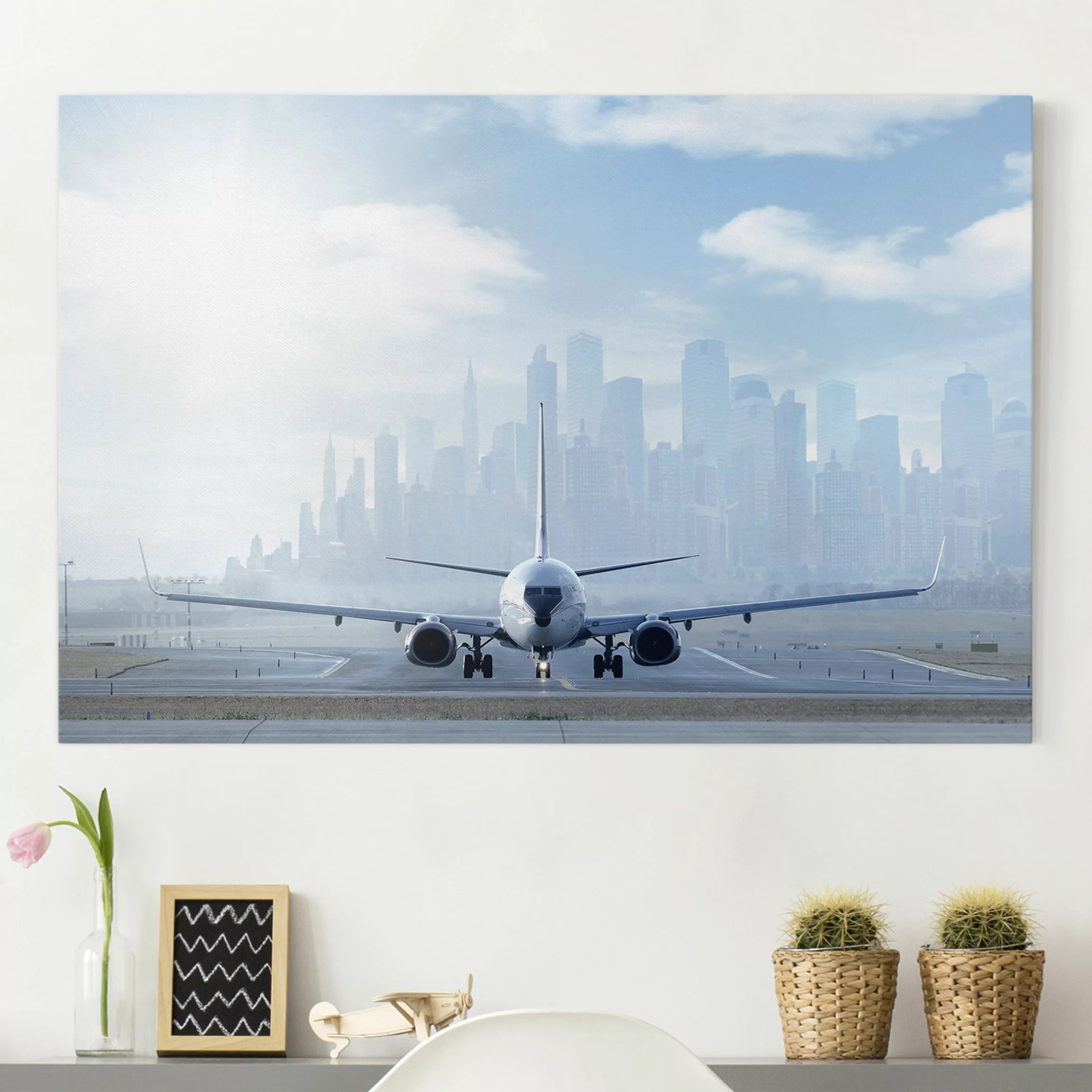 Leinwandbild Architektur & Skyline - Querformat Flugzeug vor dem Start günstig online kaufen