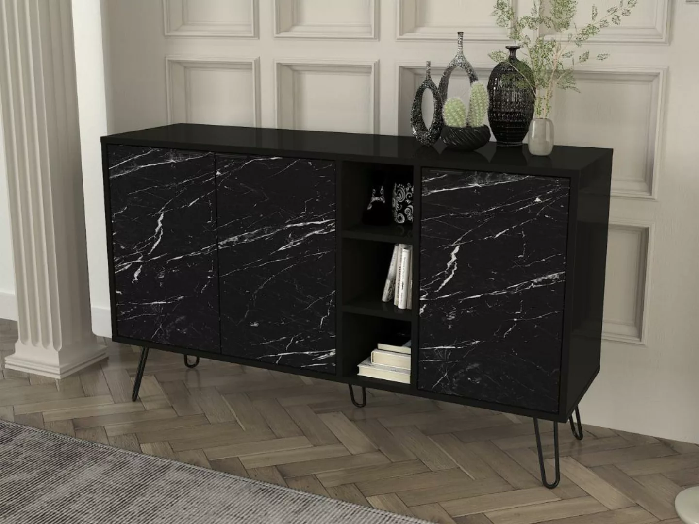 Sideboard mit 3 Türen & 3 Ablagefächern - Marmor-Optik Schwarz - POMONA günstig online kaufen