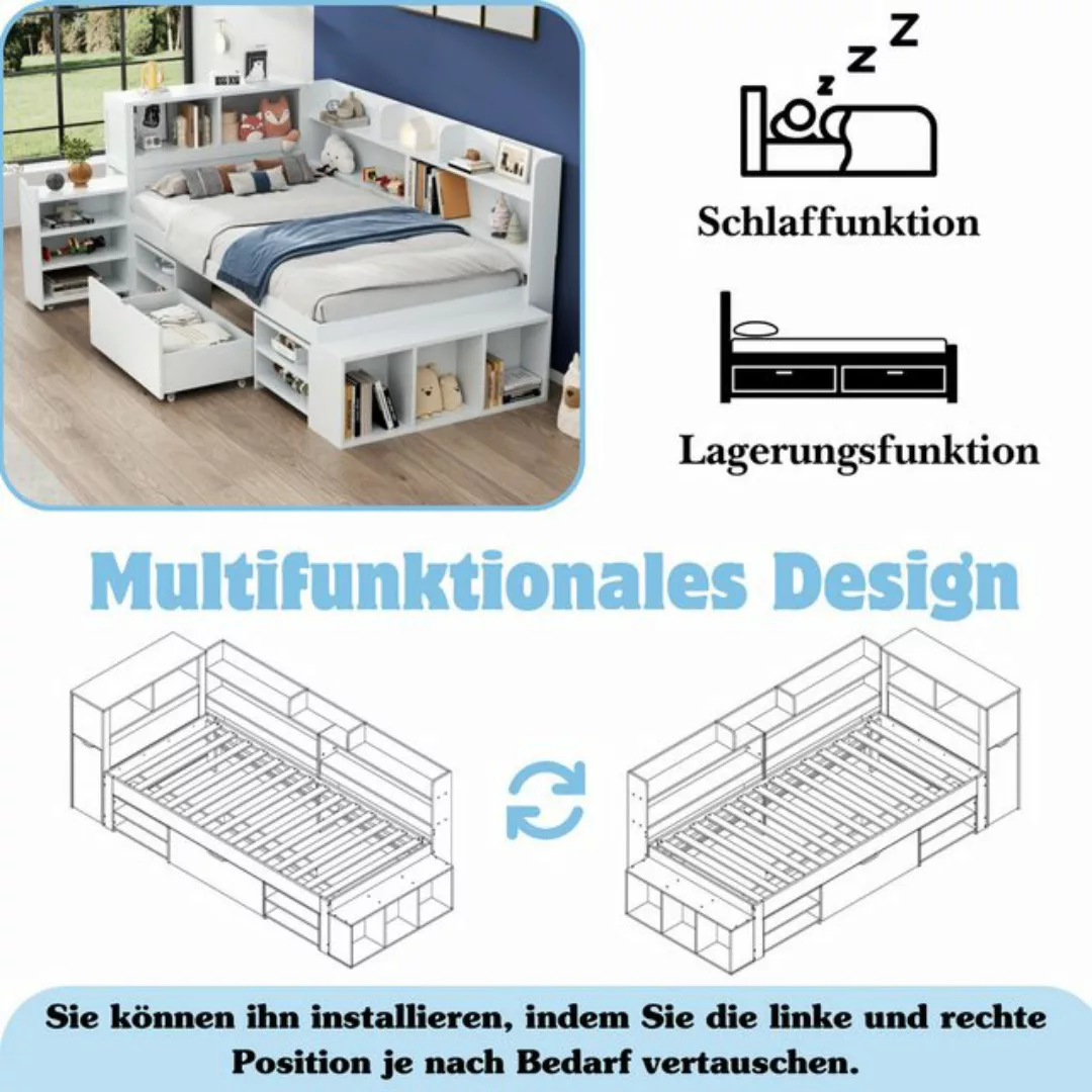 Flieks Kinderbett, Holzbett Einzelbett 90x200cm mit Schublade & Bücherregal günstig online kaufen