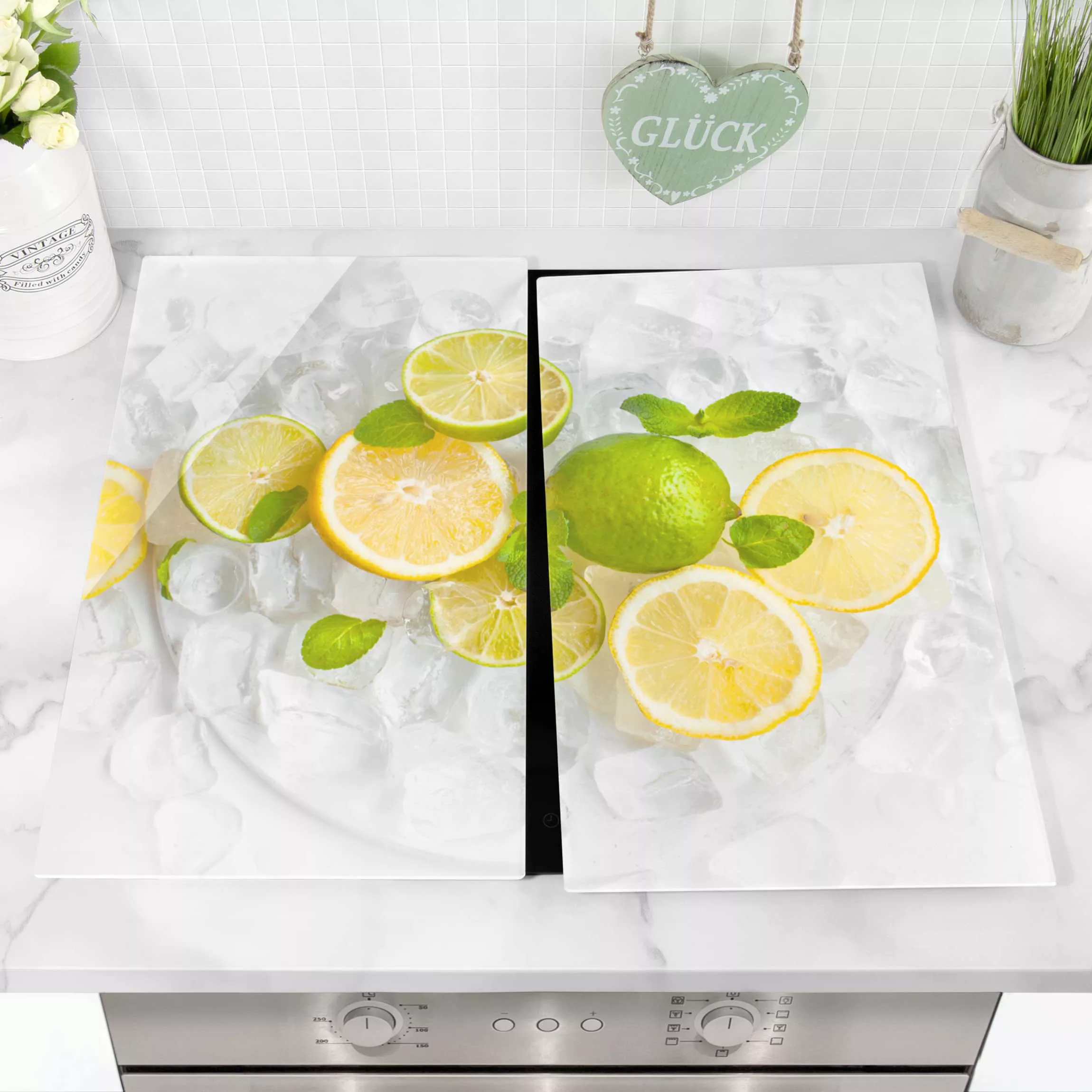 2-teilige Herdabdeckplatte Glas Kulinarisch Zitrusfrüchte auf Eiswürfel günstig online kaufen