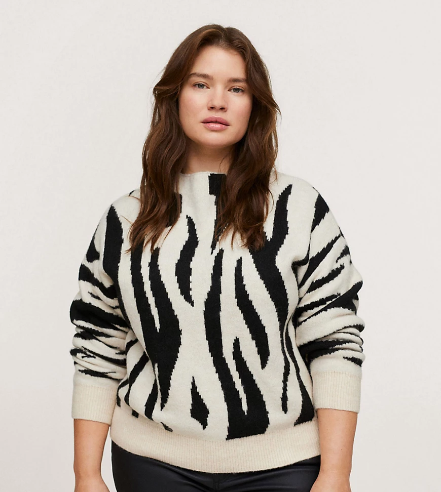 Mango Curve – Schwarz-weißer Pullover mit Rundhalsausschnitt und Zebraprint günstig online kaufen
