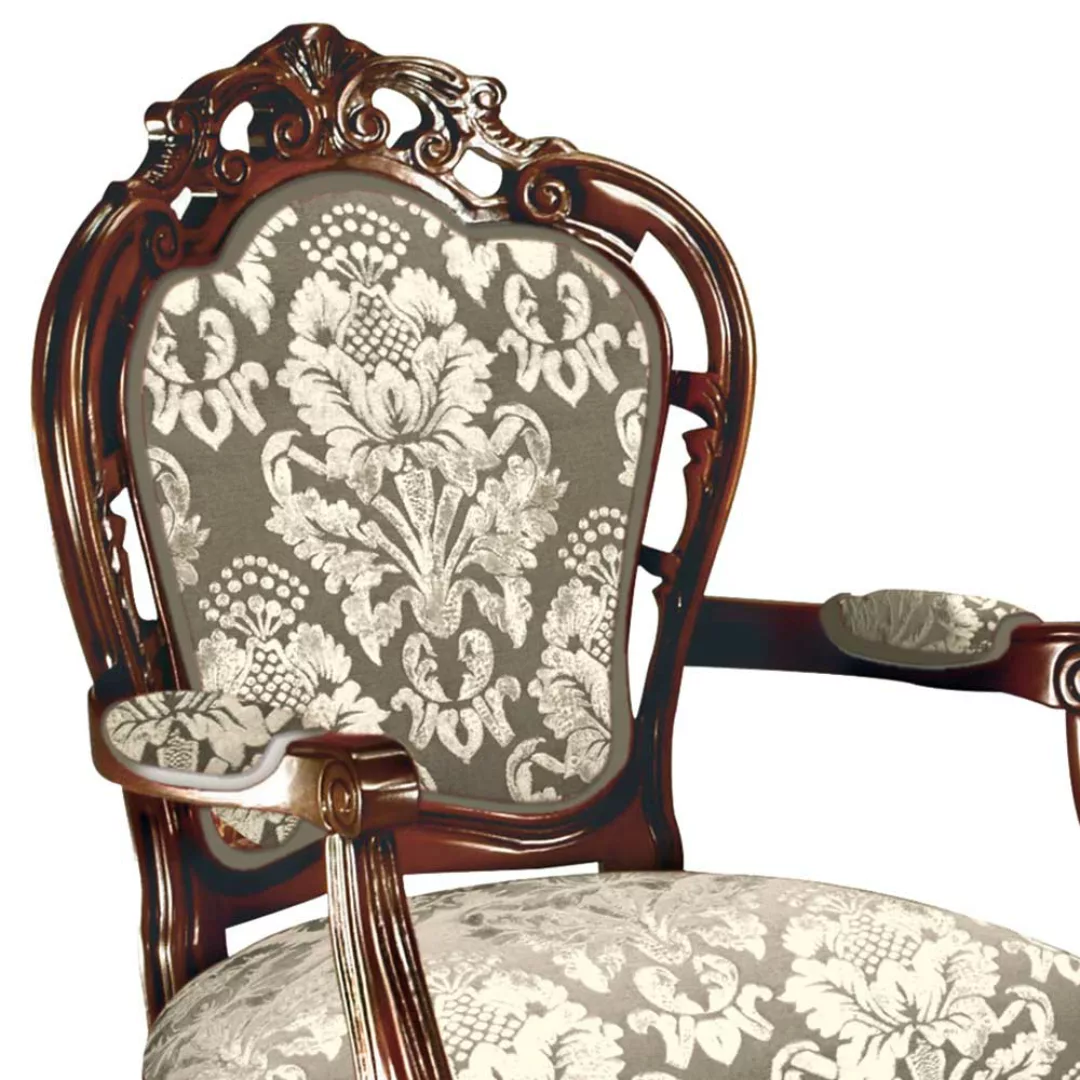 Barocker Armlehnstuhl in Nussbaumfarben Bezug Taupe Cremeweiß günstig online kaufen