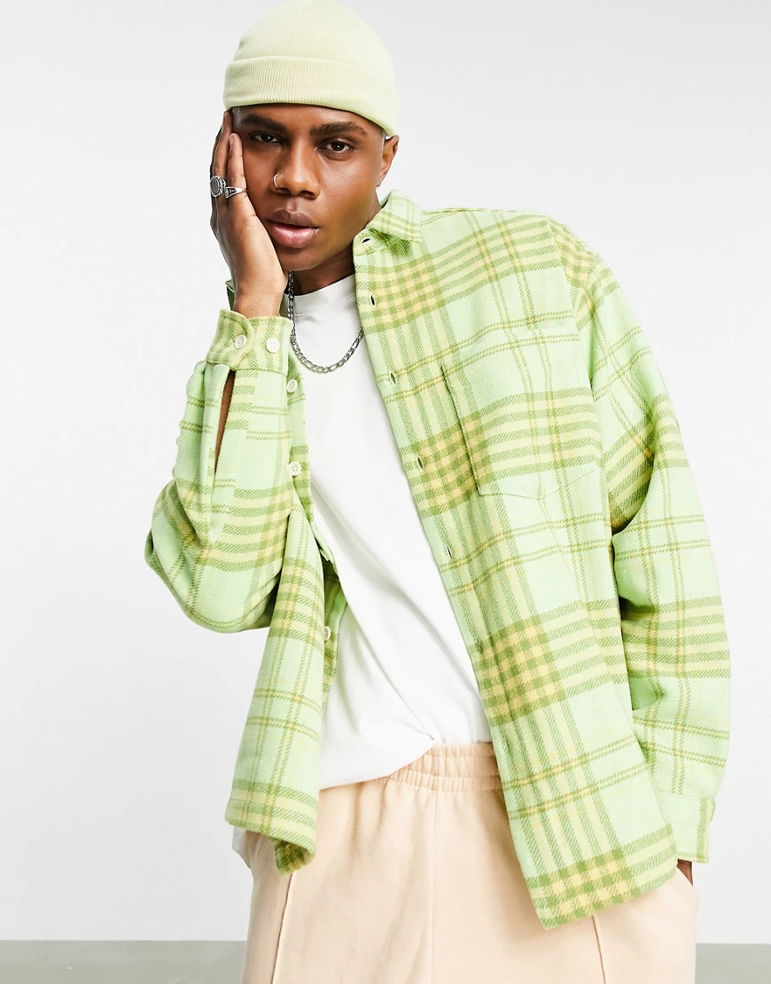 ASOS DESIGN – Kastiges Oversize-Hemd aus Wolle in Grün kariert günstig online kaufen