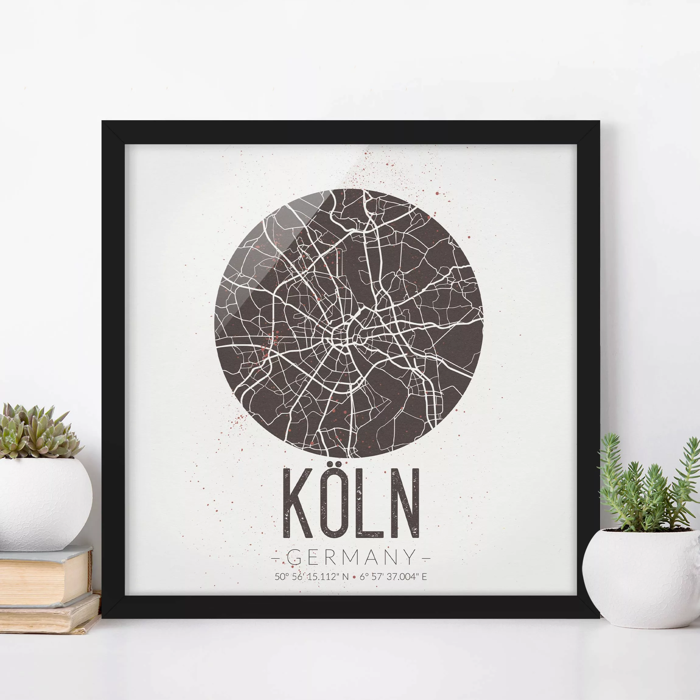 Bild mit Rahmen Stadt-, Land- & Weltkarte - Quadrat Stadtplan Köln - Retro günstig online kaufen