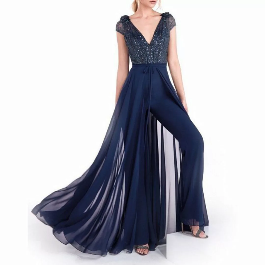 RUZU UG Abendkleid Damen Anzughose Strampelhöschen Langes Kleid mit V-Aussc günstig online kaufen
