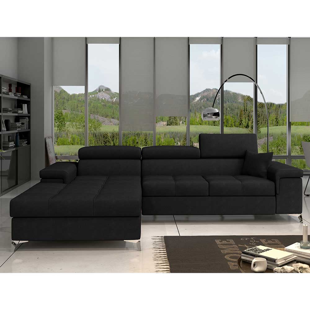 Ecksofa Schlafsofa in Schwarz aus Velours günstig online kaufen