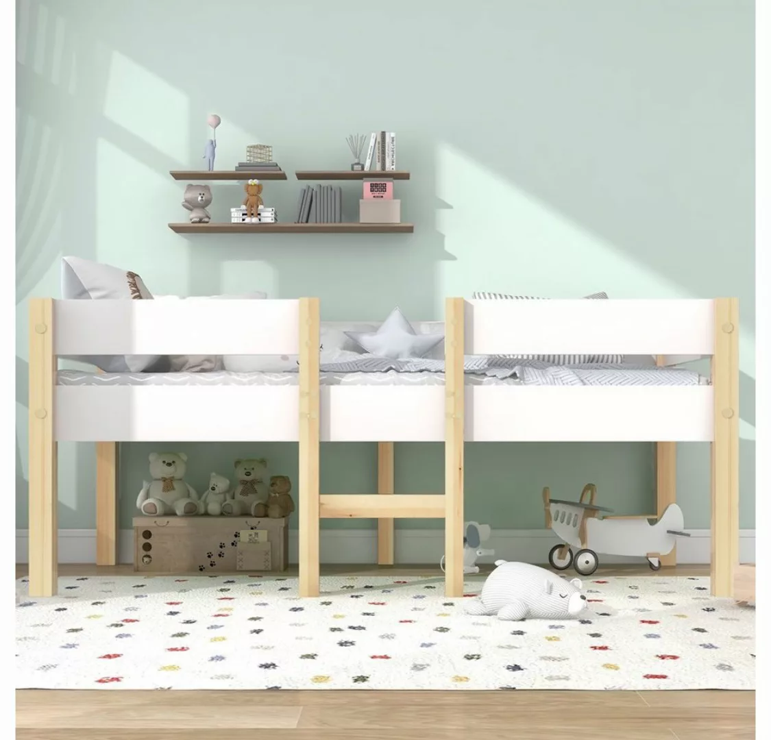 Fangqi Kinderbett Kinderbett mit Rausfallschutz, Kiefer-Vollholz,Weiß & Eic günstig online kaufen