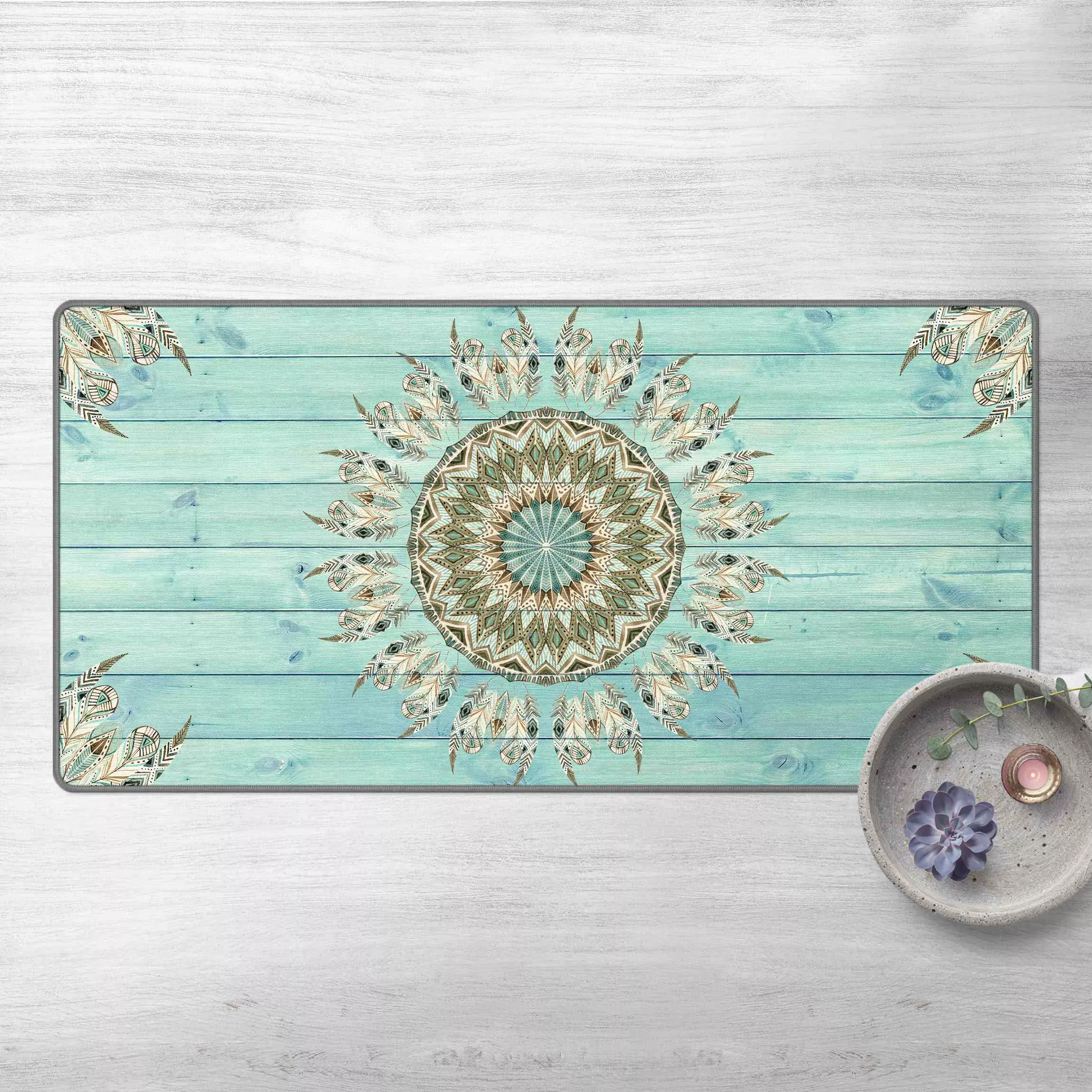 Teppich Mandala Aquarell Federn blau grün auf Planke günstig online kaufen
