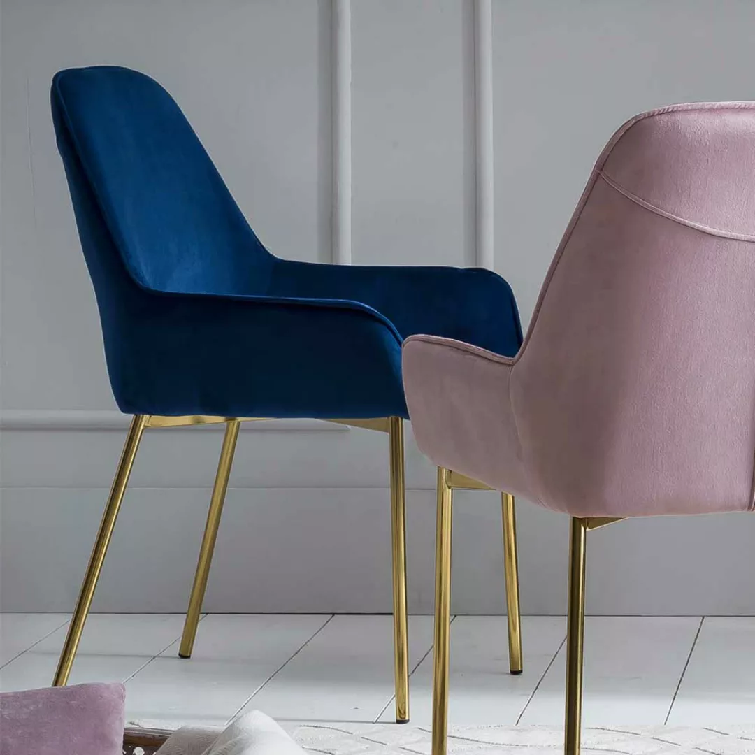 Samt Esstisch Stühle in Blau Metallgestell in Goldfarben (2er Set) günstig online kaufen