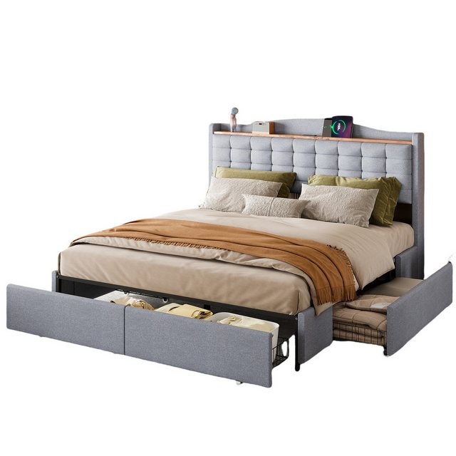 Rutaqian Funktionsbett Polsterbett 160*200 cm, Nachttisch mit USB-Ladeansch günstig online kaufen