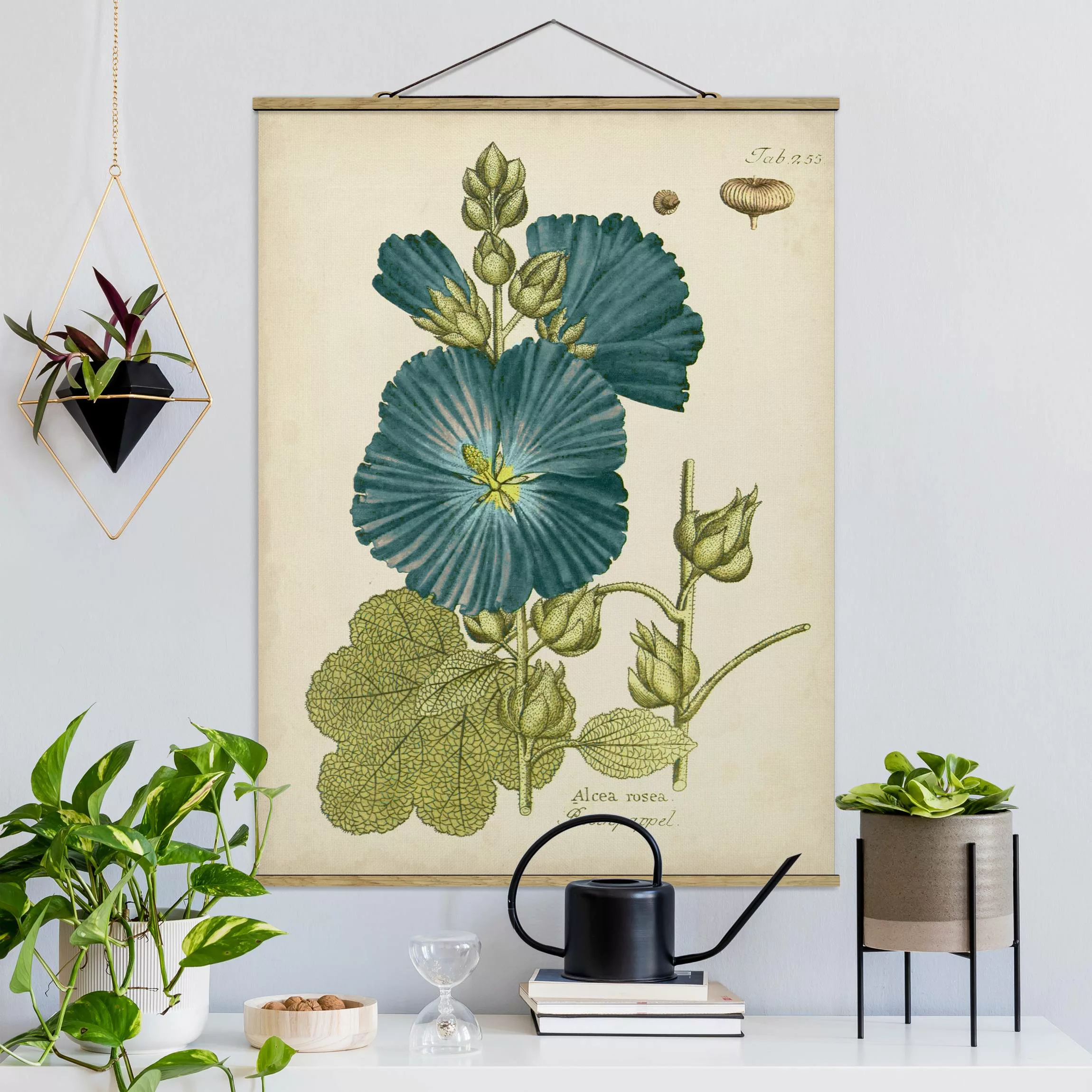 Stoffbild Blumen mit Posterleisten - Hochformat Vintage Botanik in Blau Ros günstig online kaufen