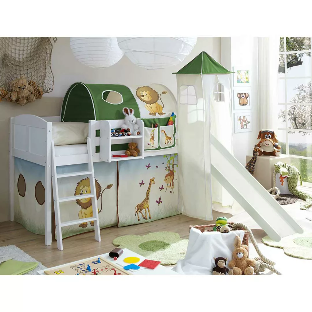 Kinderzimmer Rutschbett mit Zootier Motiven Kiefer Massivholz günstig online kaufen