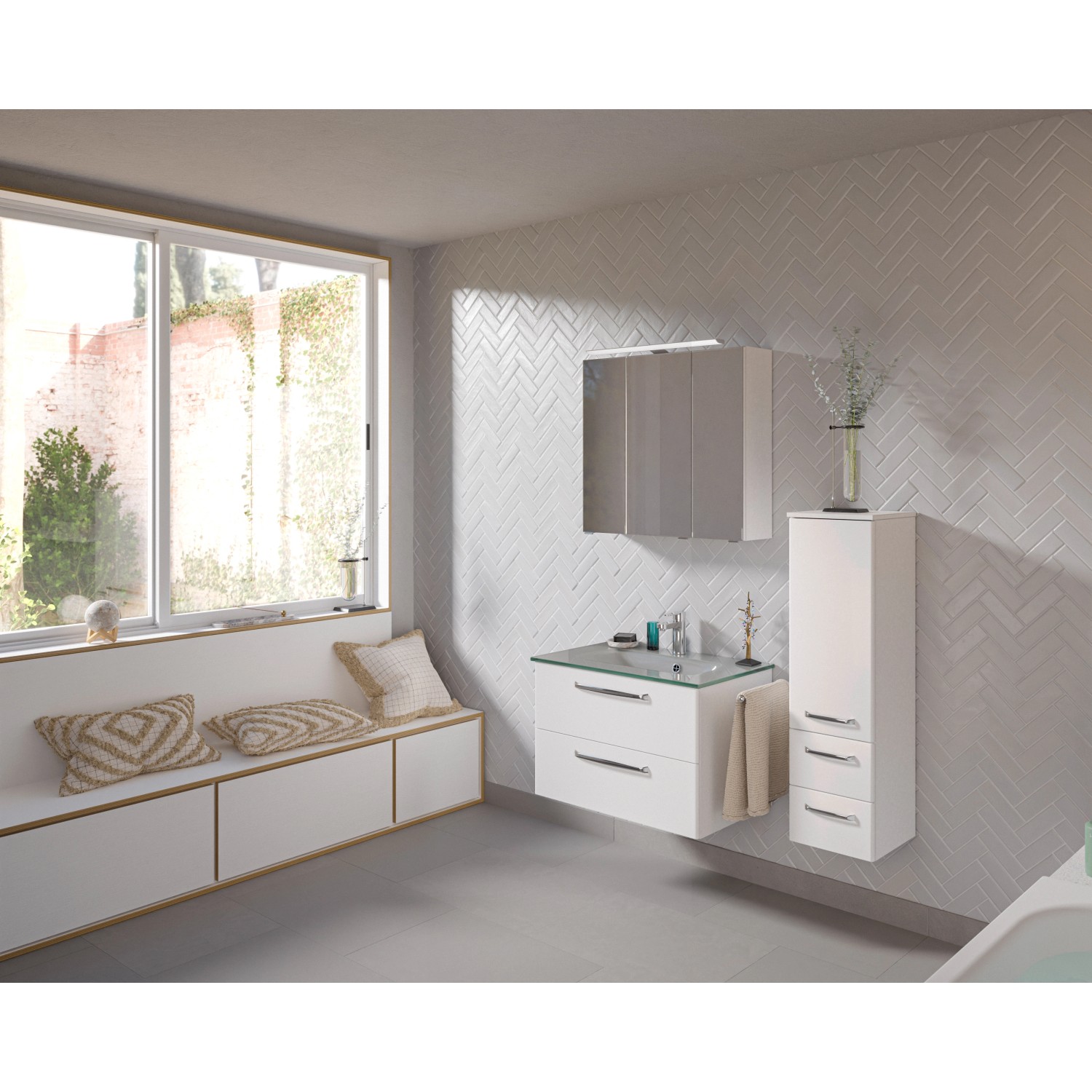 Pelipal Badmöbel-Set TrenTino mit Midischrank + Glaswaschtisch Weiß Hochgla günstig online kaufen