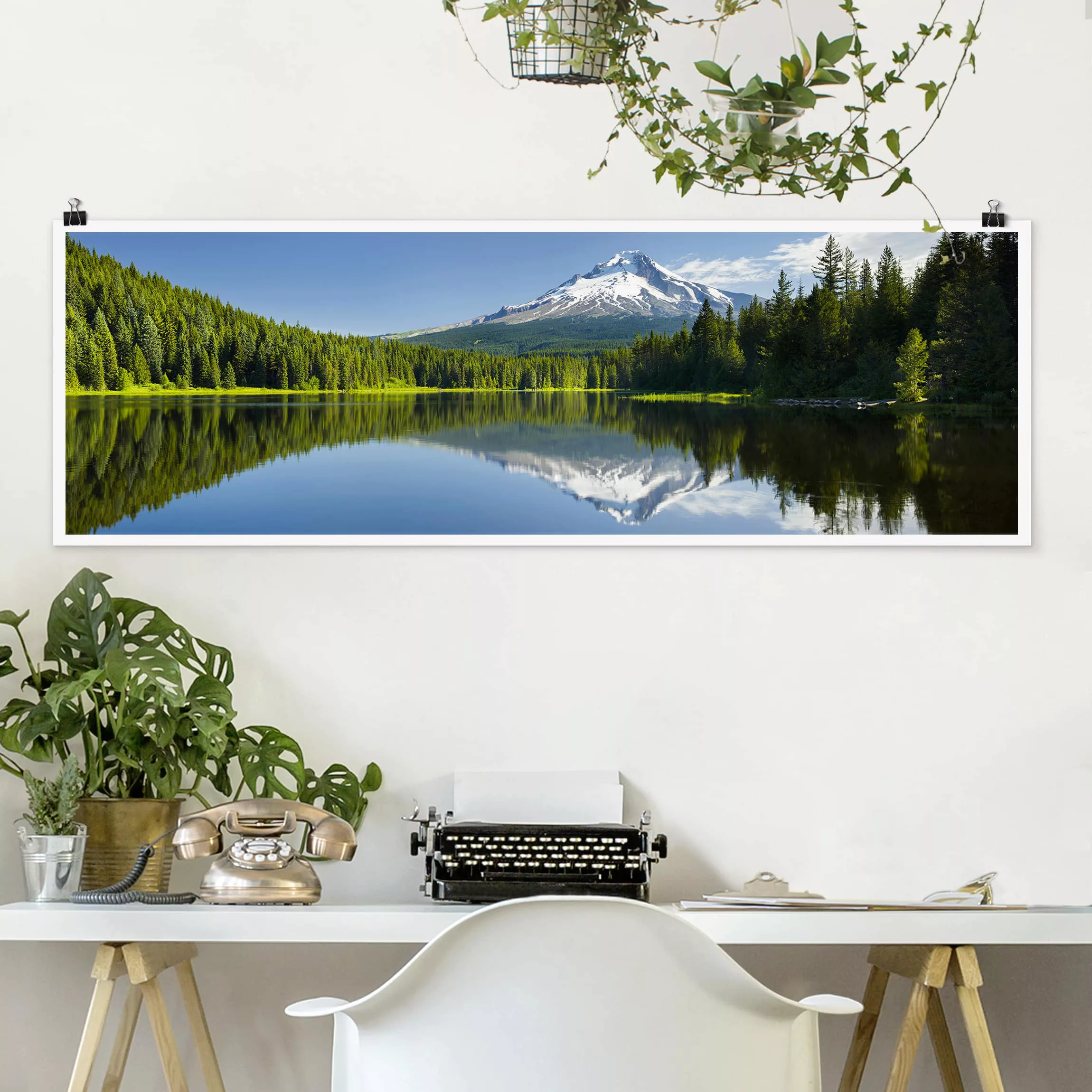 Panorama Poster Wald Vulkan mit Wasserspiegelung günstig online kaufen