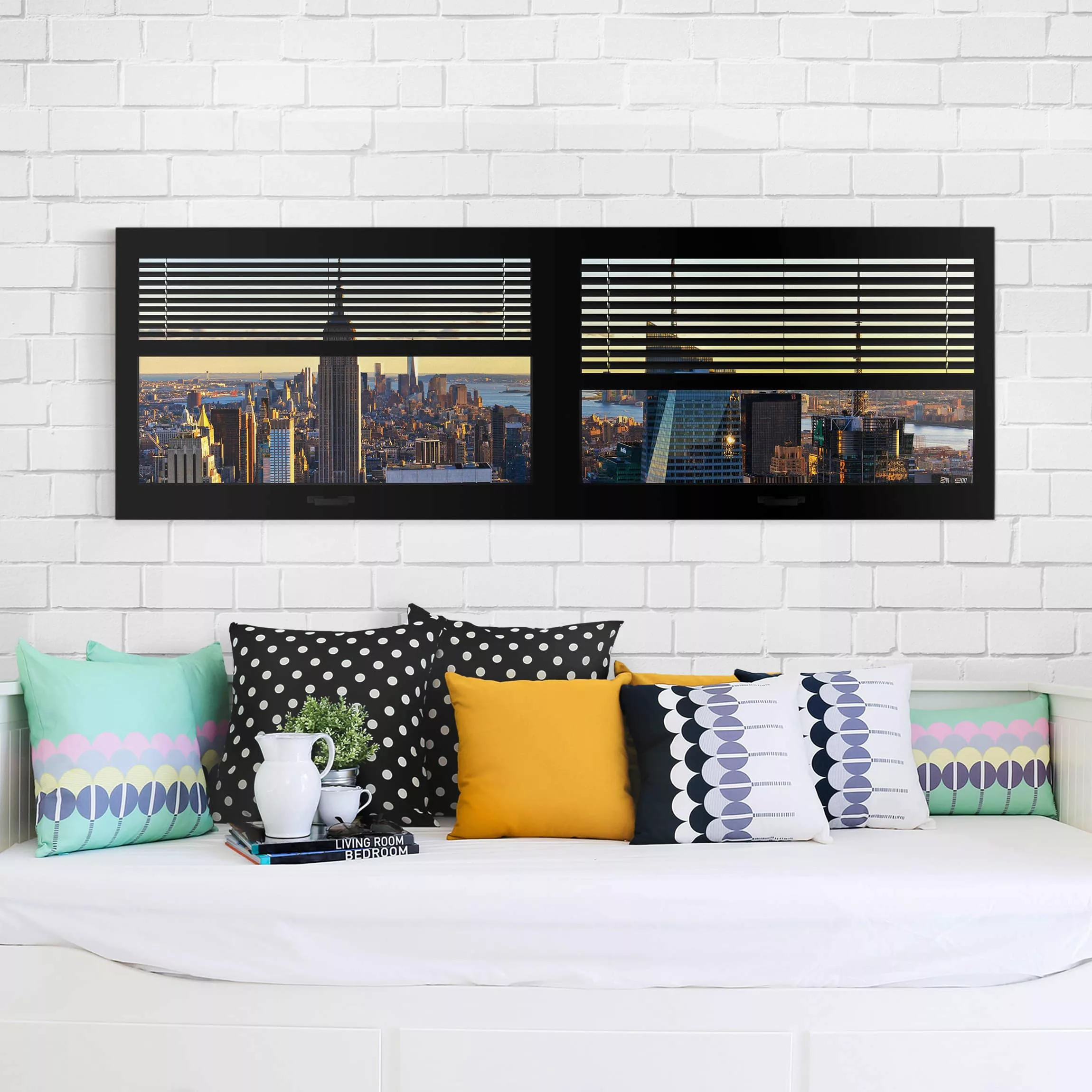 Leinwandbild New York - Panorama Fensterblick Jalousie - Manhattan Abendsti günstig online kaufen