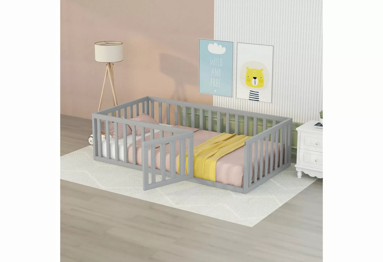 SOFTWEARY Kinderbett mit Zaun und Tür (ohne Lattenrost, 90x200 cm), Holzbet günstig online kaufen