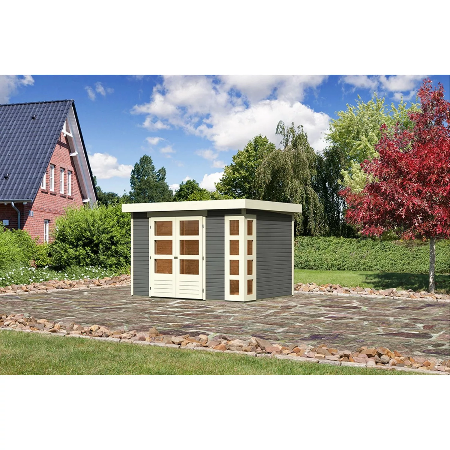 Karibu Holz-Gartenhaus/Gerätehaus Sölve Terragrau Flachdach Lackiert 298 cm günstig online kaufen