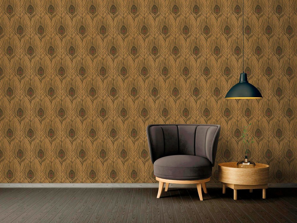 Bricoflor Goldene Tapete mit Pfauenfeder Elegante Feder Tapete Ideal für Wo günstig online kaufen