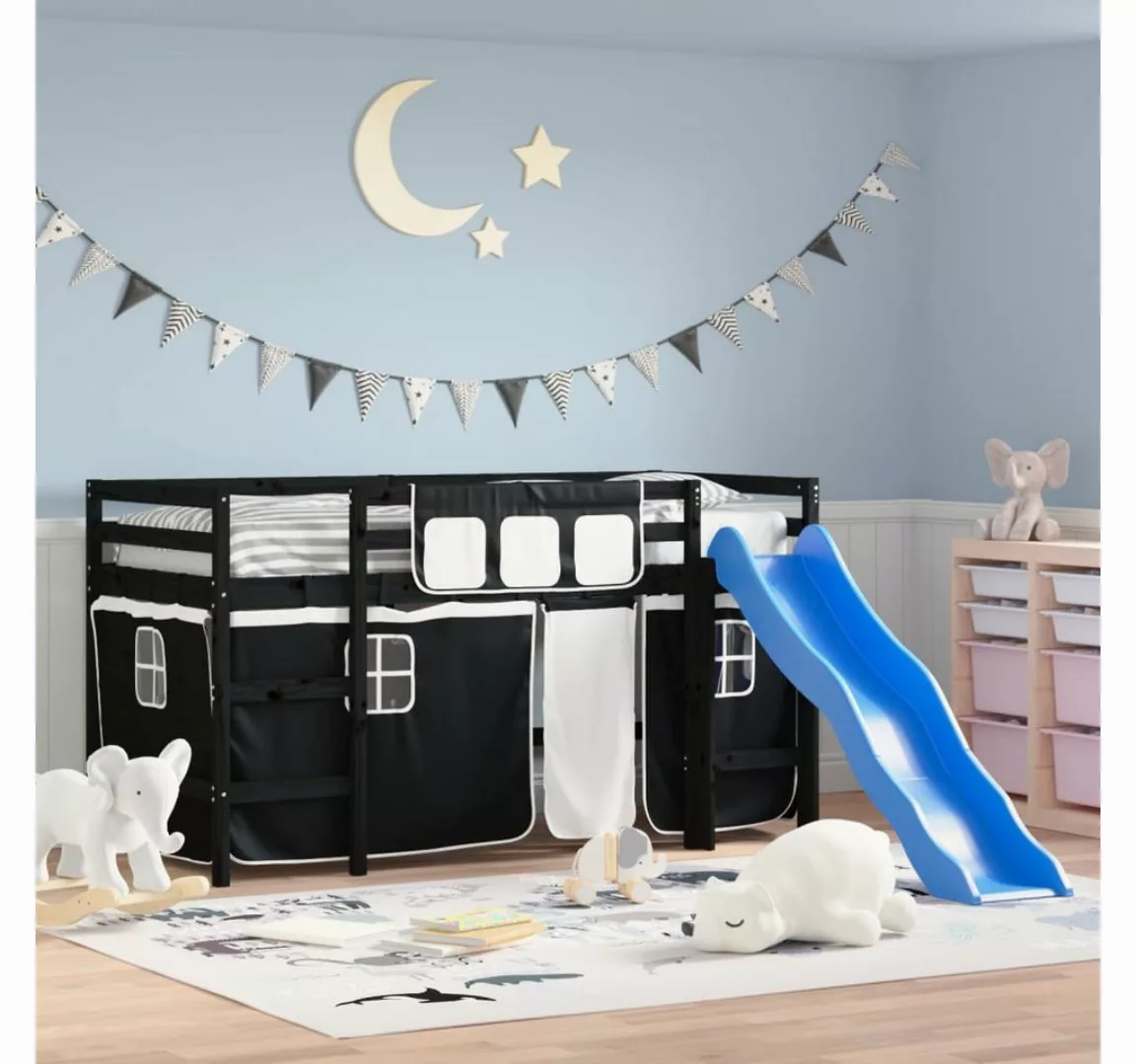 vidaXL Kinderbett Kinderhochbett mit Vorhängen Weiß Schwarz 90x190 cm Kiefe günstig online kaufen