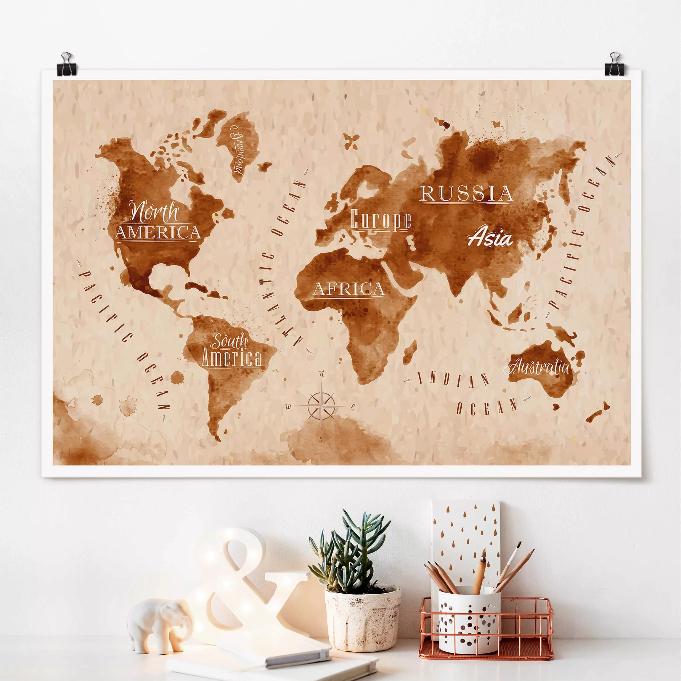 Poster Stadt-, Land- & Weltkarten - Querformat Weltkarte Aquarell beige bra günstig online kaufen